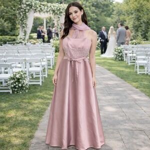 JS Collections Formal Gown Womens 6 Pink Pearl Beaded Satin Maxi Dress 852189